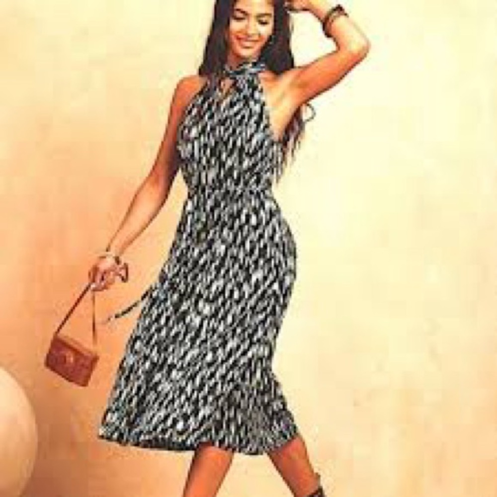 Banana Republic Black & White Halter Midi Dress Tie Neck Belted Petite M NWT